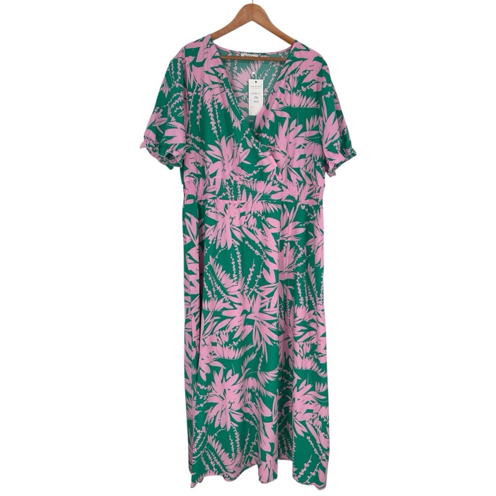 Soul to Curves Tropical Floral Maxi Dress size 3x Short Sleeves Surplice Smocked